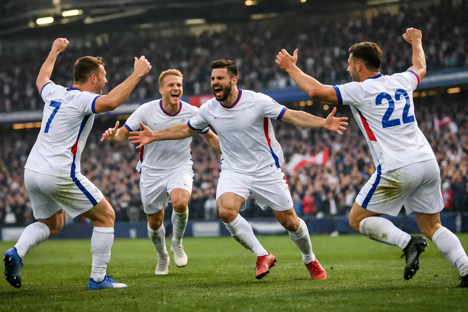 Fußballspieler jubeln gemeinsam nach einem Tor