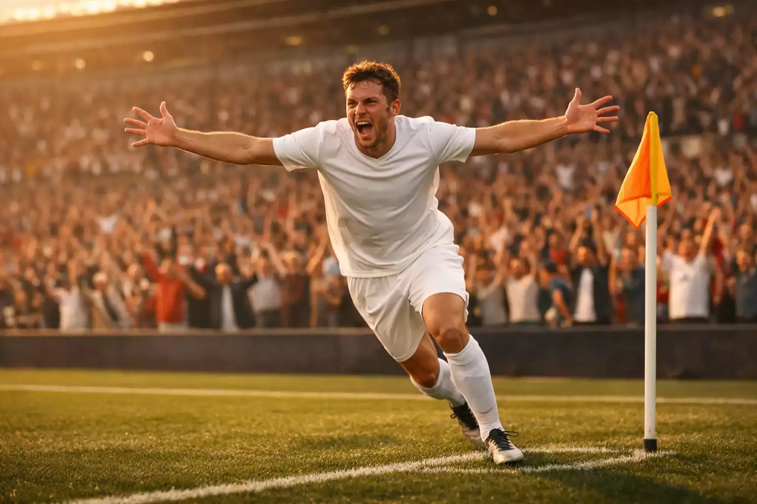 Fußballspieler jubelt nach einem Tor vor begeisterten Fans im Stadion