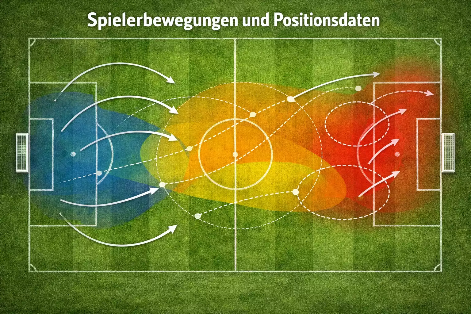 Fußballfeld mit visualisierten Spielerbewegungen und Tracking-Daten