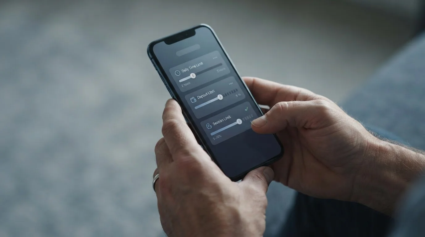 Hände am Smartphone beim Setzen von Einsatzlimits für verantwortungsvolles Wetten