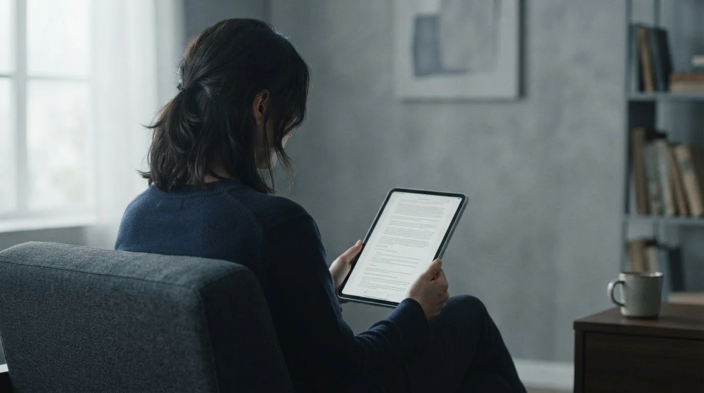 Person liest Geschäftsbedingungen auf einem Tablet in ruhiger Umgebung