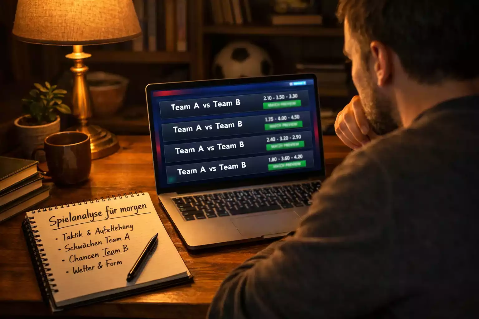 Person studiert Fußballstatistiken am Laptop am Abend vor dem Spieltag