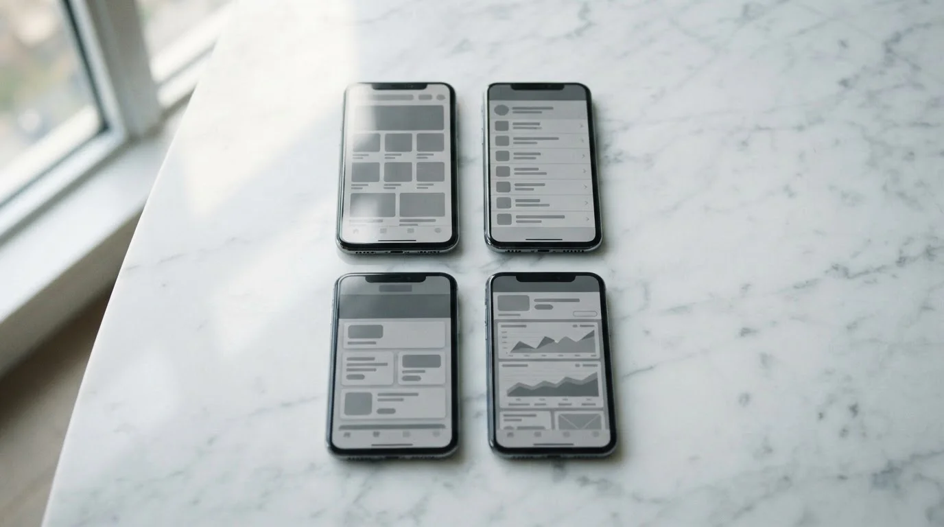 Mehrere Smartphones nebeneinander zeigen verschiedene Wett-Apps im direkten Vergleich