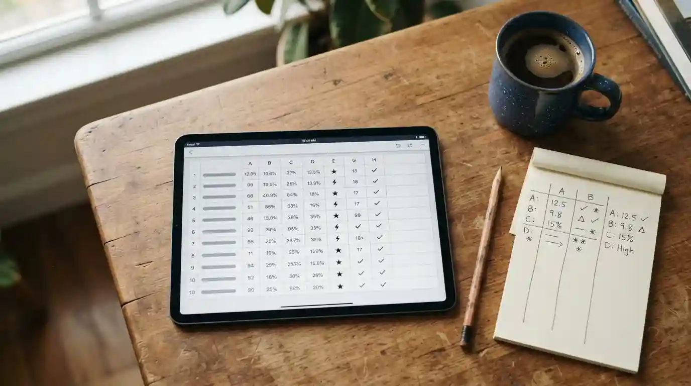 Vergleichsanalyse verschiedener Wettanbieter auf Tablet und Notizen, neutraler analytischer Arbeitsplatz