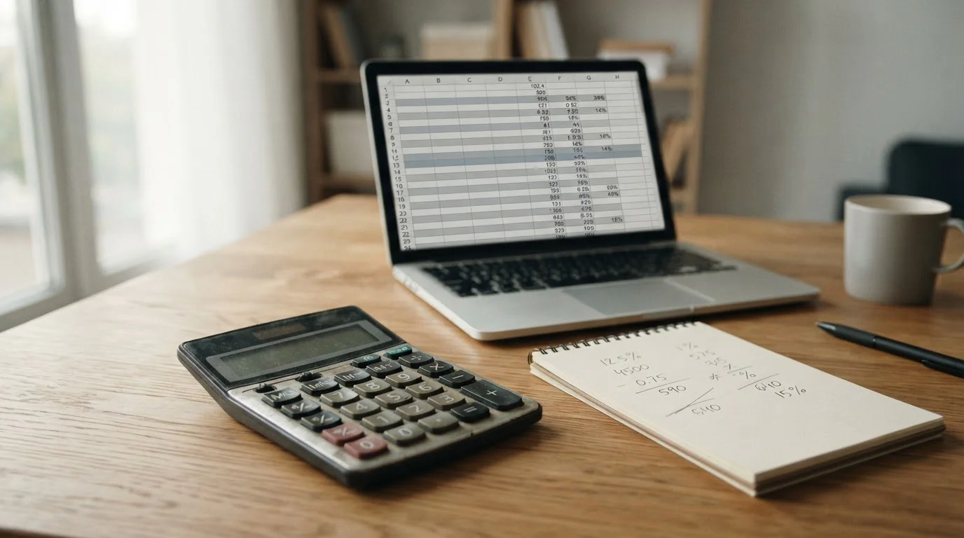 Taschenrechner und Tabelle mit Quotenberechnungen auf einem Schreibtisch