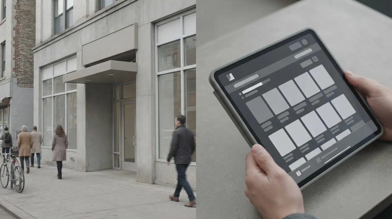 Geteilte Szene zeigt Kontrast zwischen physischem Wettbüro und Online-Plattform