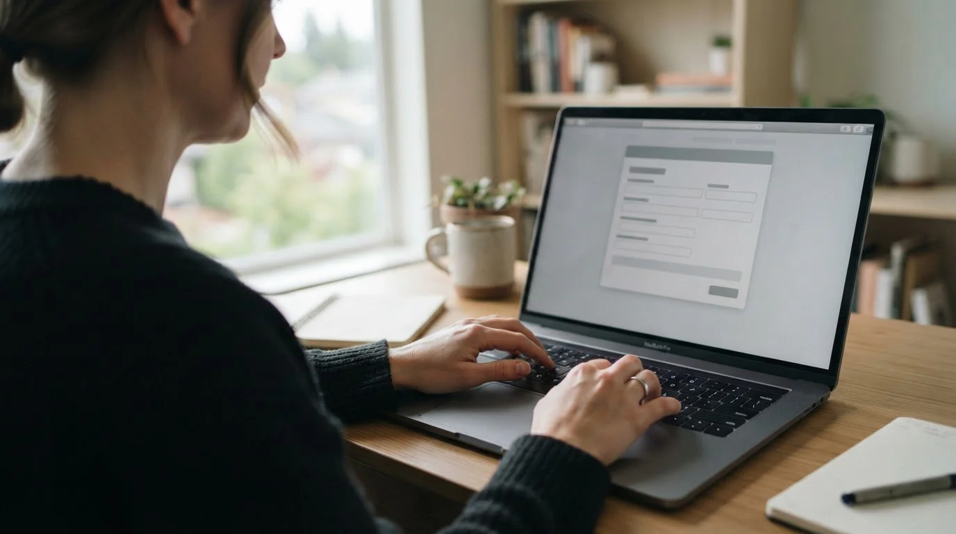 Person führt Online-Zahlung am Laptop durch, sichtbar nur Hände und neutraler Bildschirm
