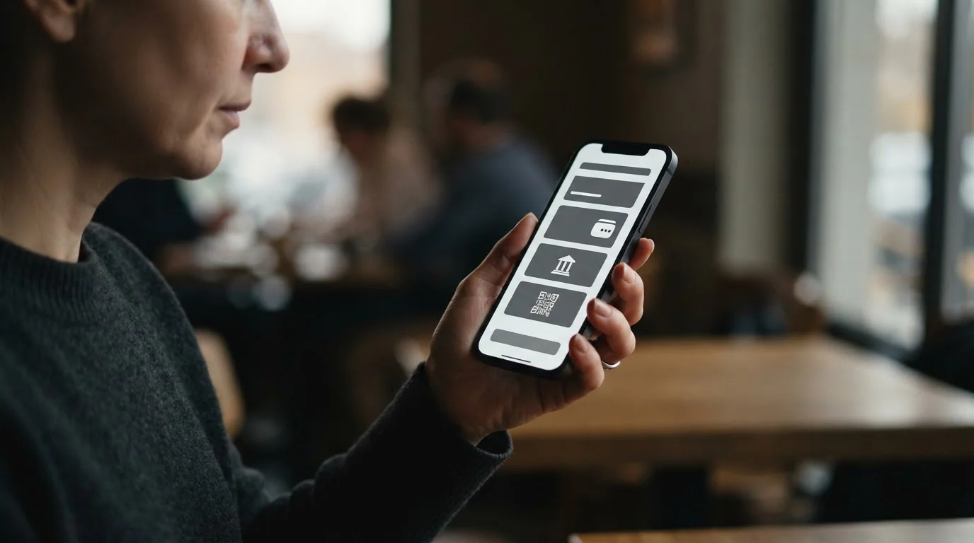 Smartphone-Bildschirm zeigt abstrakte Zahlungsoptionen ohne bekannte Anbieterlogos