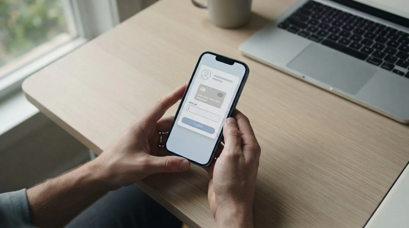 Hände bedienen Smartphone mit Zahlungsschnittstelle für Online-Wetten